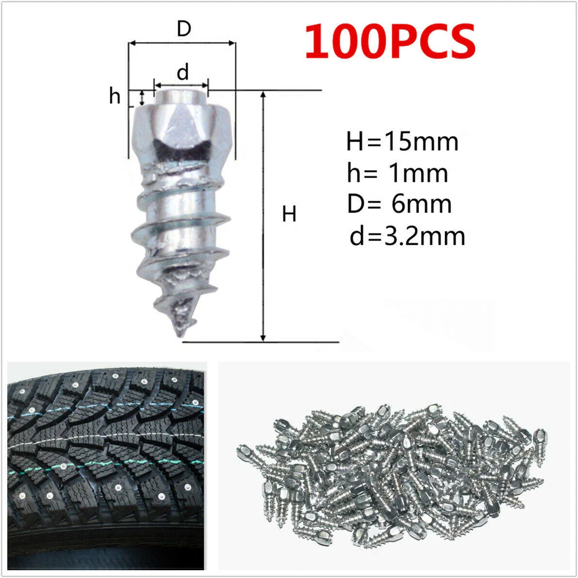15mm Tire Studs 100x for Universal Snow Chains & Spikes