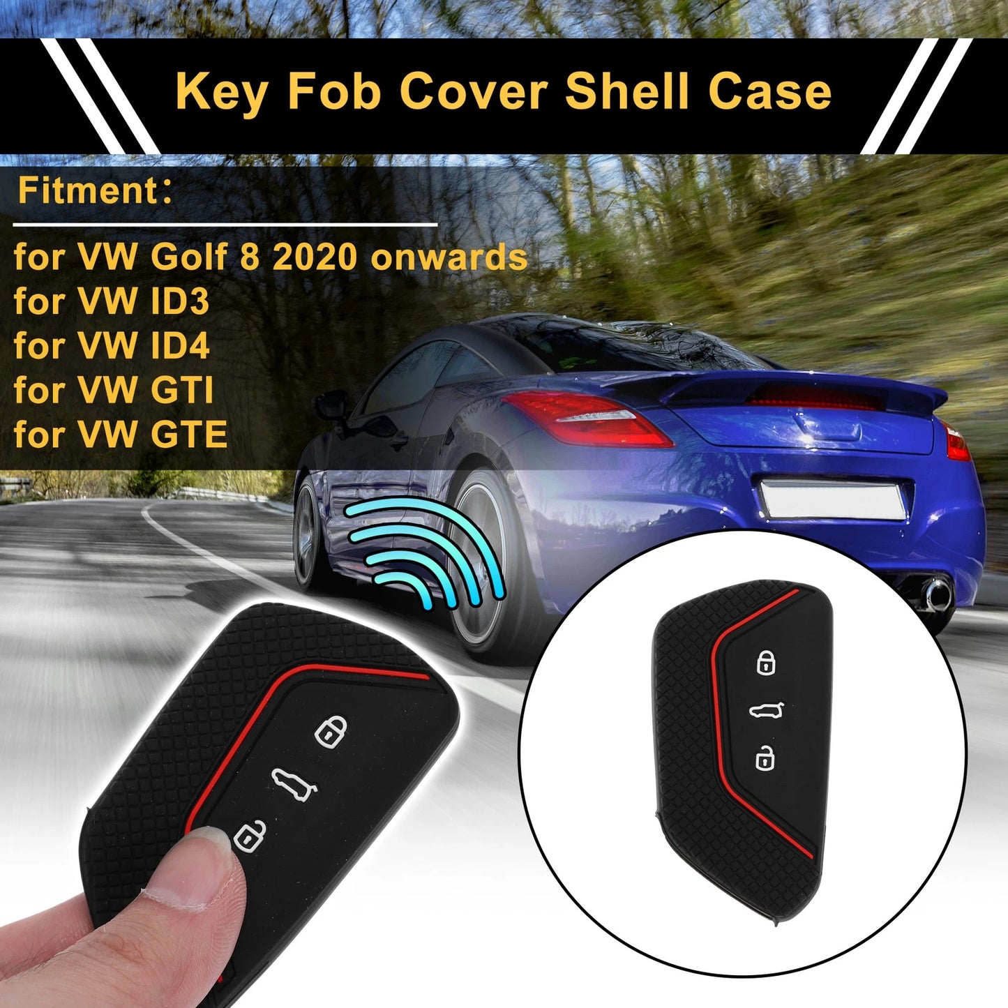 Silicone Car Key Case for VW Golf 8 (2020–Present) - Black Red - 3 Buttons