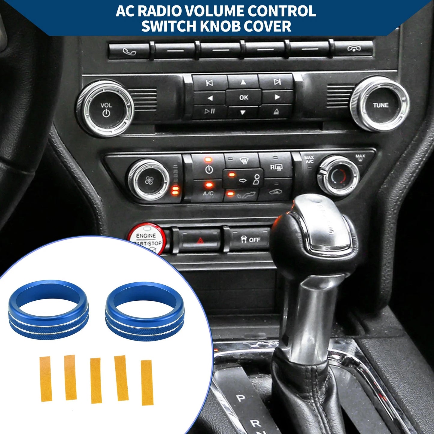 Set of 2 Media Radio Audio Tune Switch Knob Covers for Ford Mustang (2015–2021) Blue
