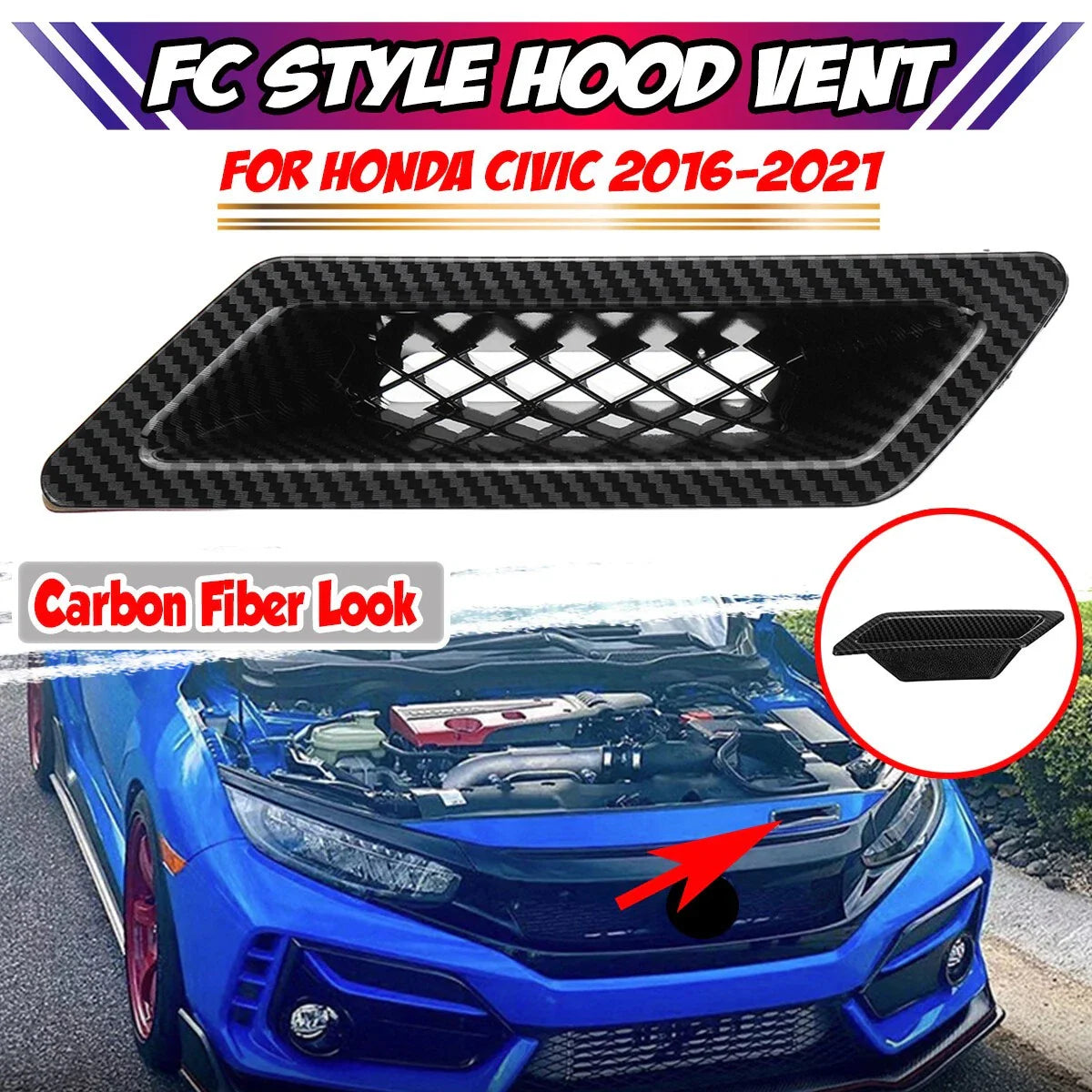 1x Universal Bumper Hood Air Vent Intake Duct FC Style Glossy Carbon Fiber Look