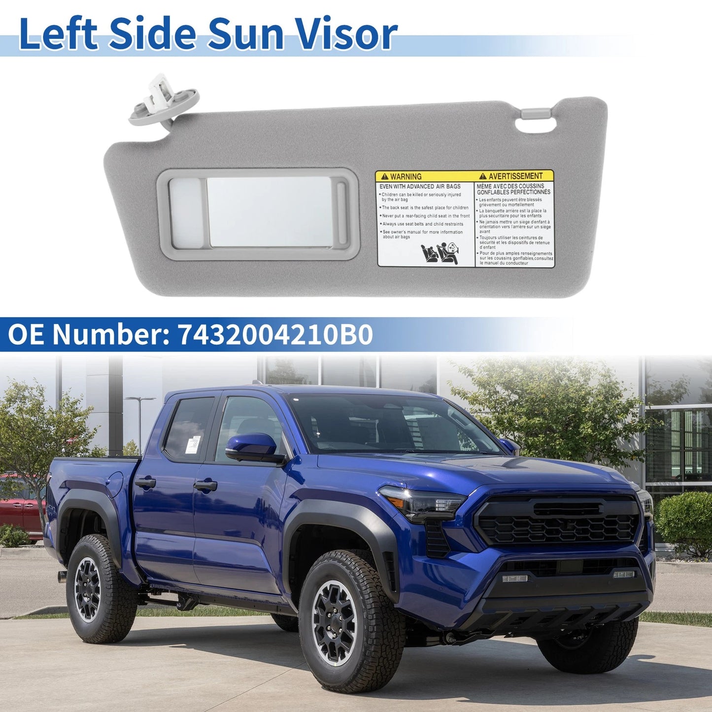 Left Driver Sun Visor for Toyota Tacoma (2005–2015) Gray, Vanity Mirror, Light