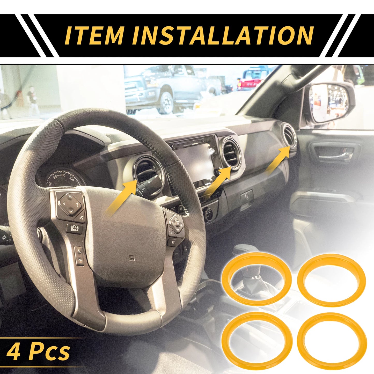 Set of 4 AC Vent Dashboard Decoration Rings for Jeep Wrangler JL JLU (2018–2020) Yellow