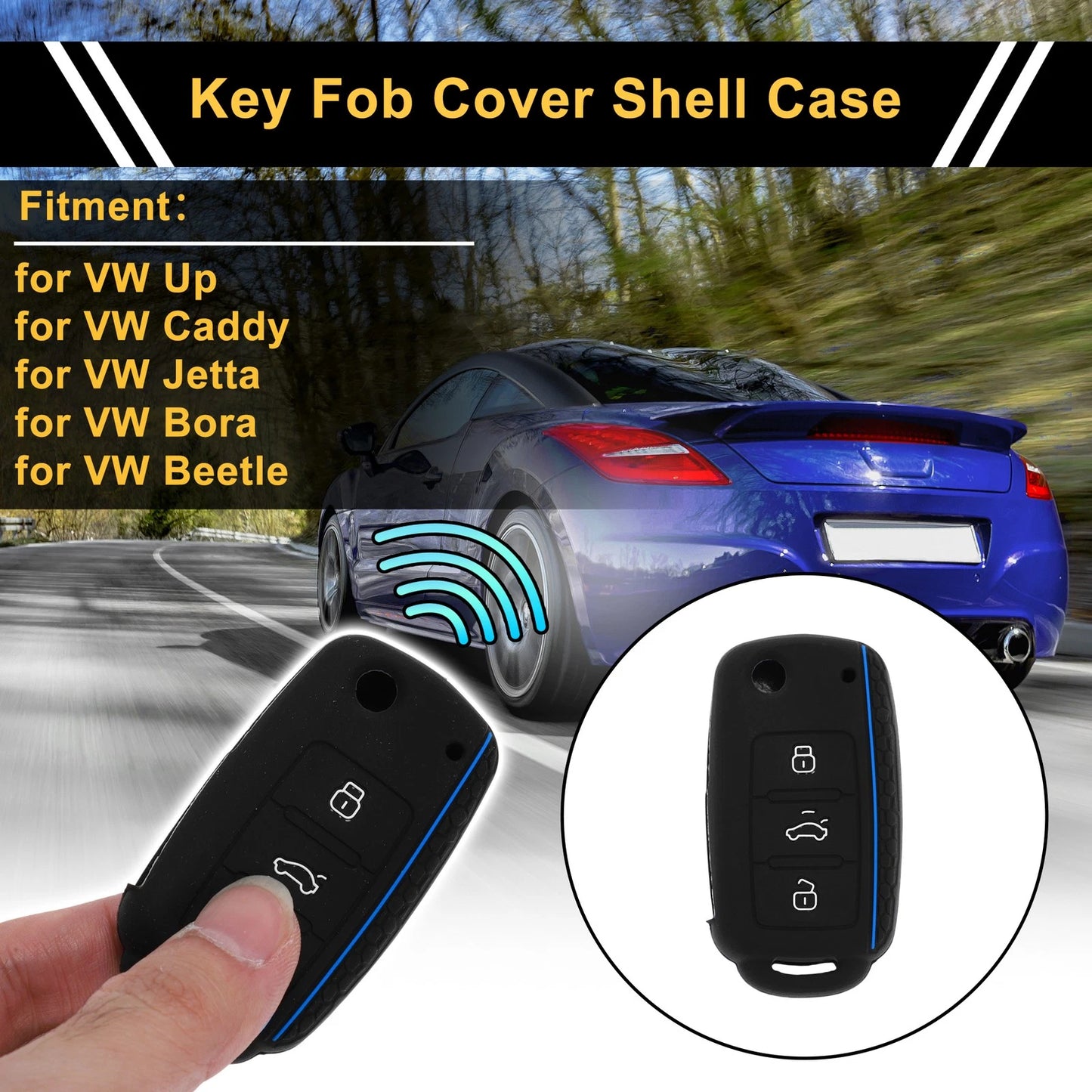 Silicone Car Key Case for VW Up (2011–2023) - Black Blue, 3 Buttons