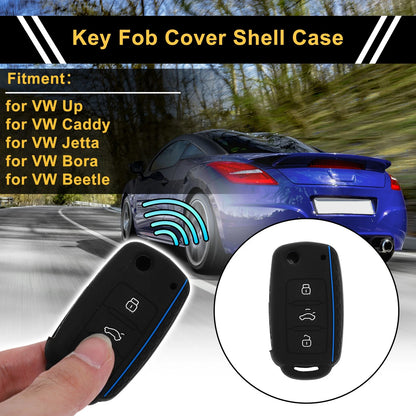 Silicone Car Key Case for VW Up (2011–2023) - Black Blue, 3 Buttons