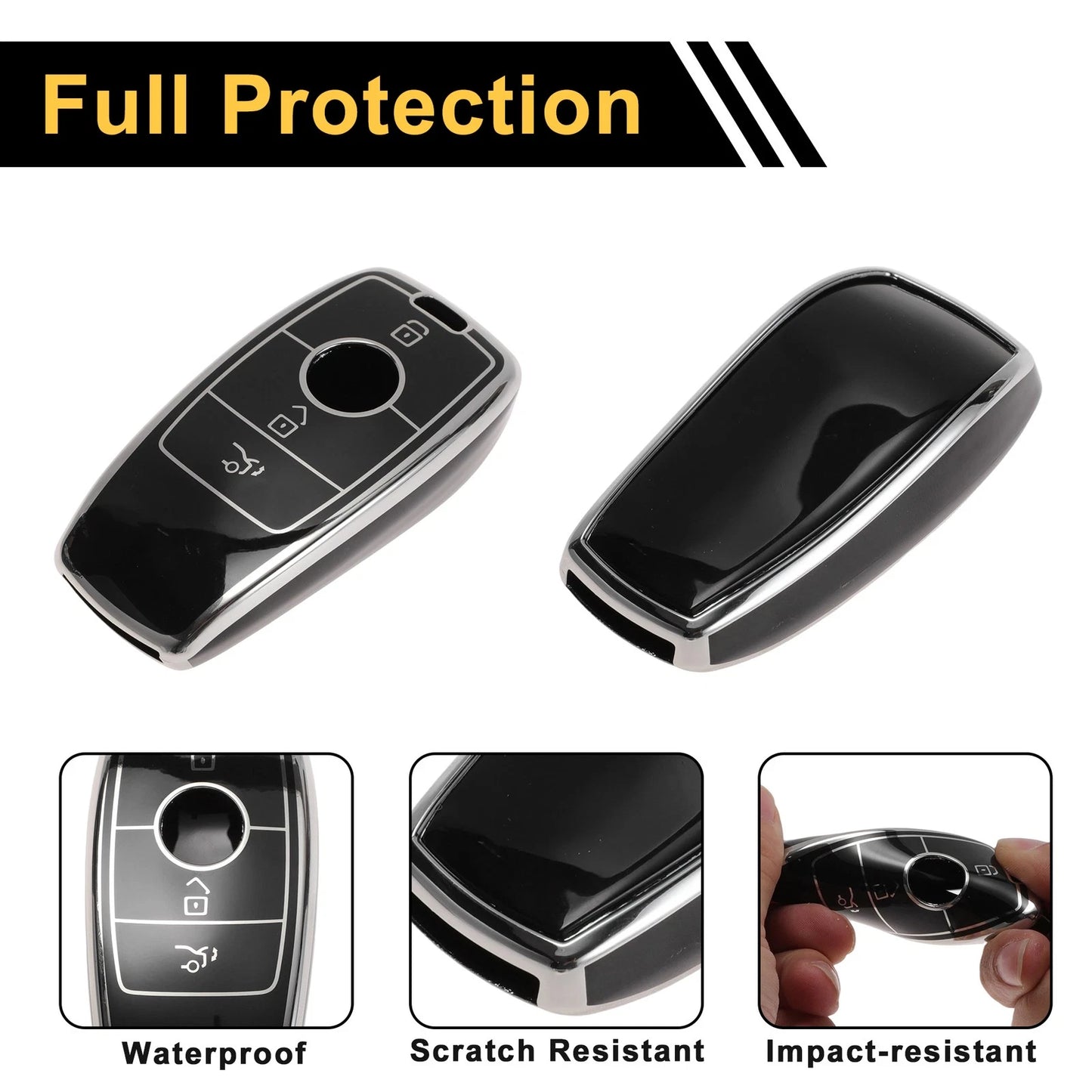 Key Fob Shell Cover Case for Mercedes-Benz (3 Buttons, Black Silver Tone)