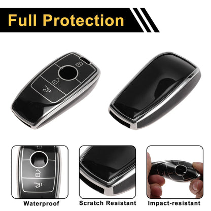 Key Fob Shell Cover Case for Mercedes-Benz (3 Buttons, Black Silver Tone)