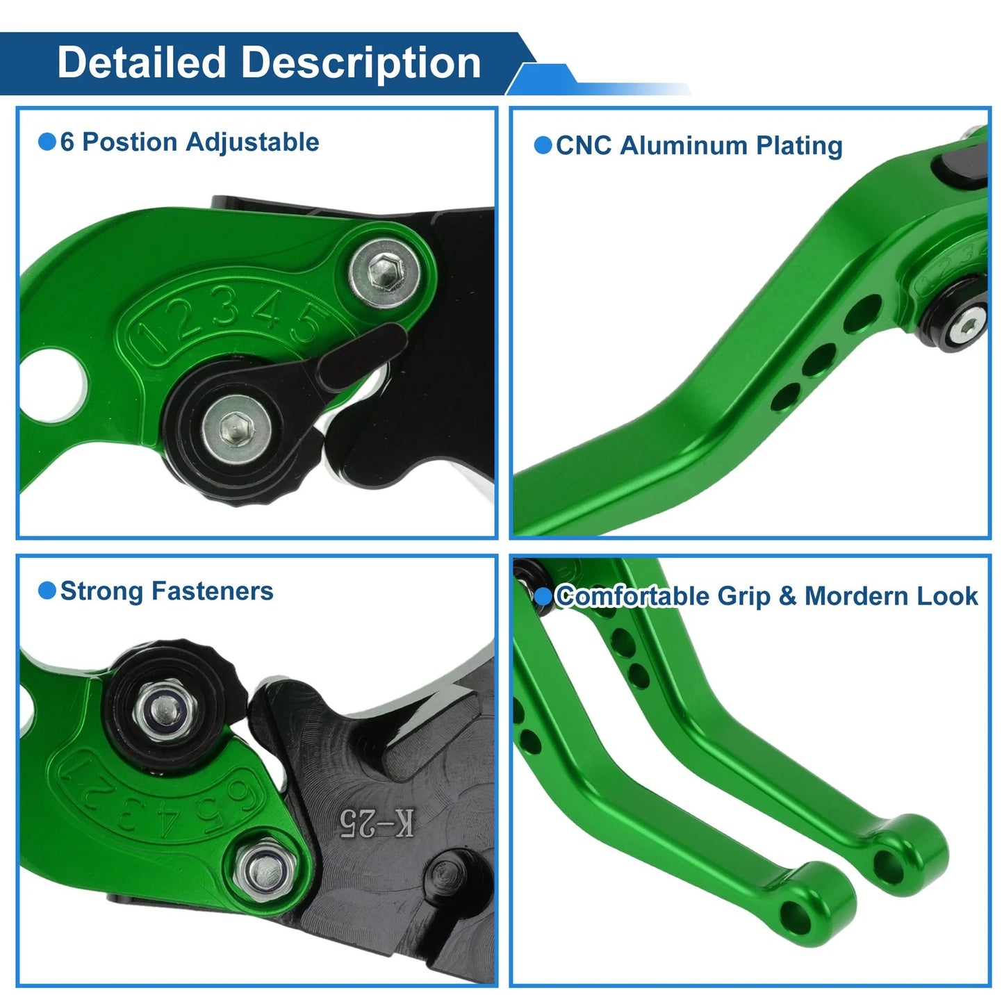 Adjustable Short Brake Clutch Levers for Kawasaki Ninja 300/Z300 (2013–2017) Green