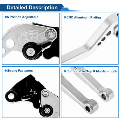 6-Speed Adjustable Brake Clutch Levers for Kawasaki EX250 (2008–2012) Silver Tone