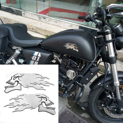 2 x Motorbike 3D Car Sticker Badge Body Decal Motorcycle Skull Silver for Motorbike
