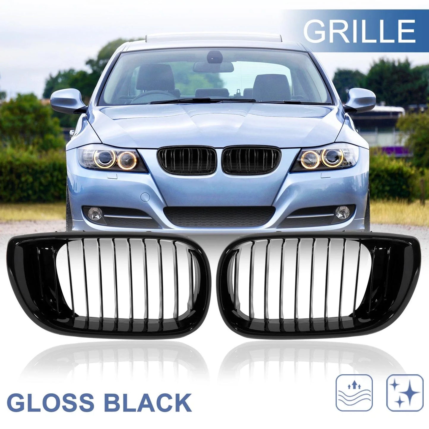 Pair Gloss Black Front Kidney Grille for BMW E46 3 Series (2002 - 2004)