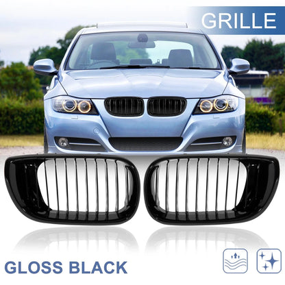 Pair Gloss Black Front Kidney Grille for BMW E46 3 Series (2002 - 2004)