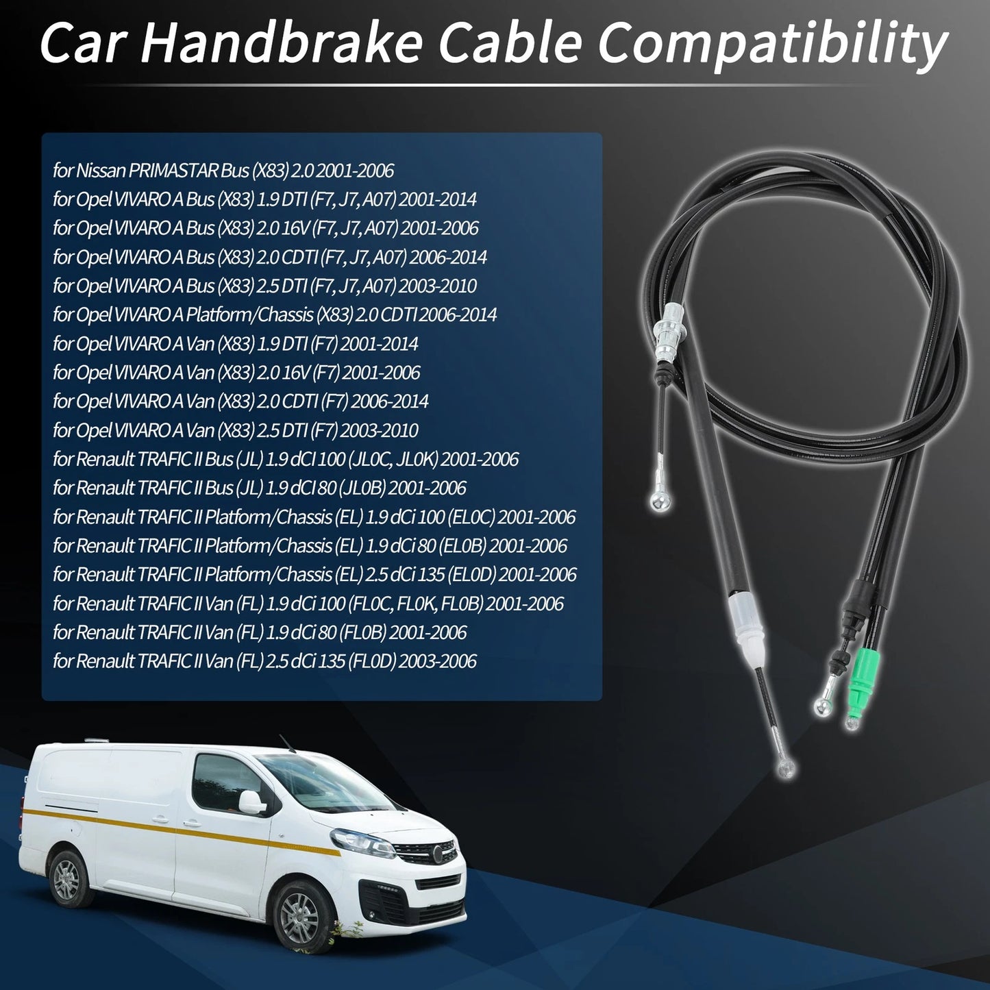 2Pcs Rear Handbrake Cables for Renault Trafic II, Nissan Primastar (2001–2014)