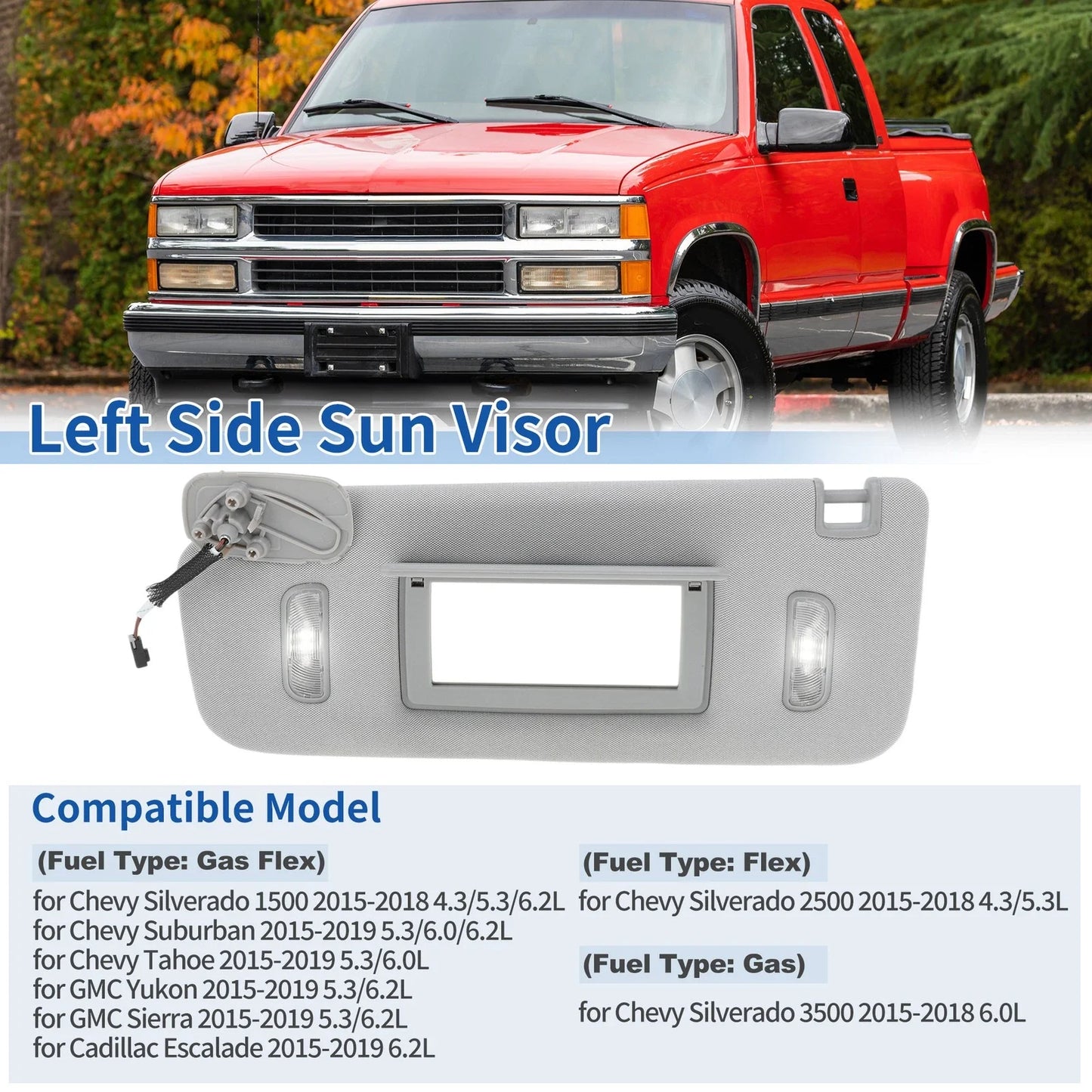 Left Side Sun Visor for Chevrolet Silverado 1500 2500 3500 (2015-2018) Gray
