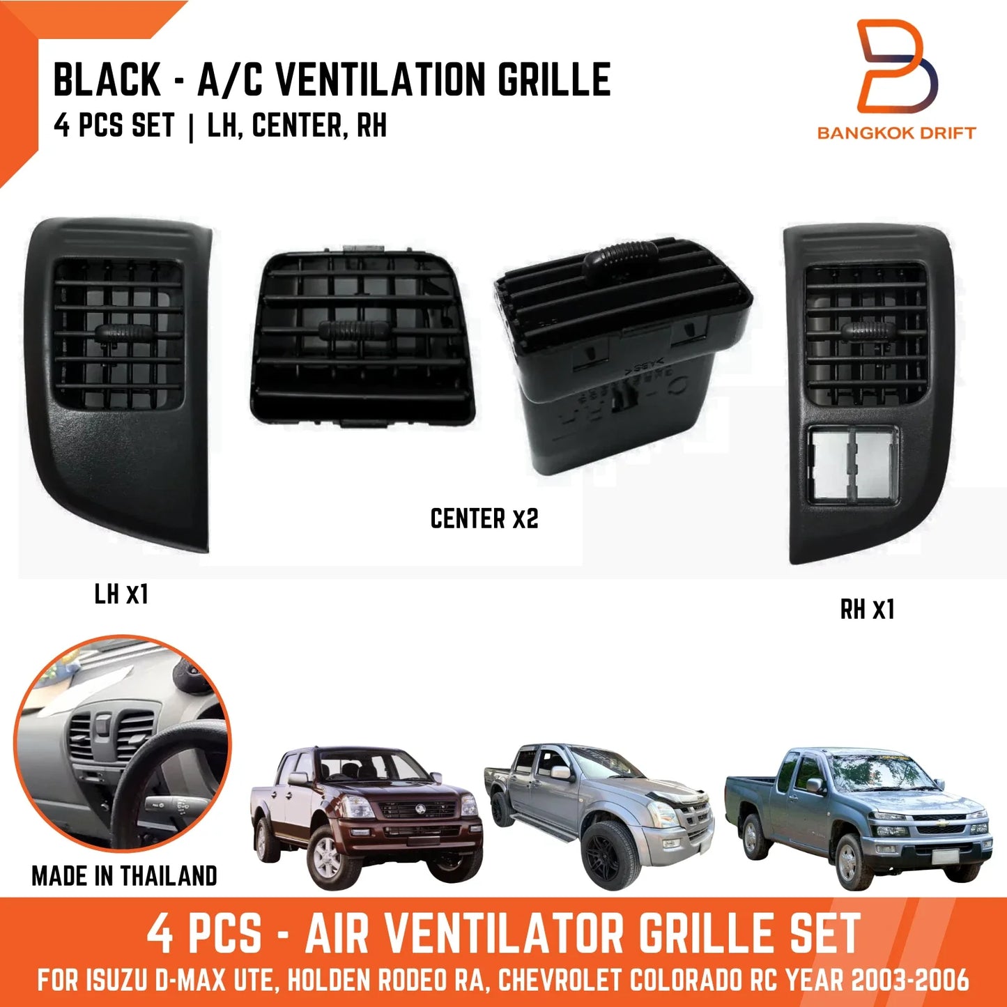 4x Black Dashboard Air Vents for Holden Rodeo, Isuzu D-Max (2003-2006)