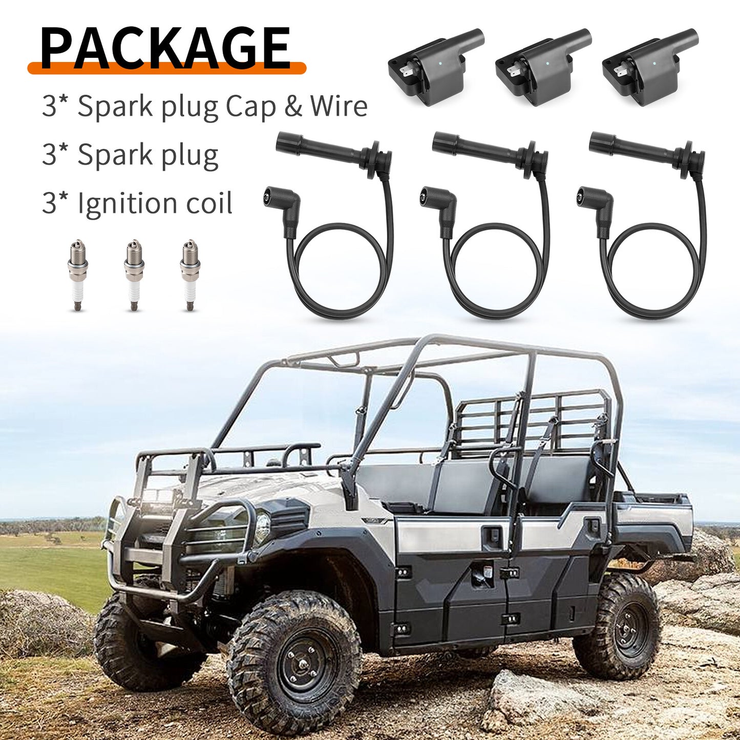 3X Ignition Coil Spark Plug Wire for Kawasaki Mule PRO-FX (2018)