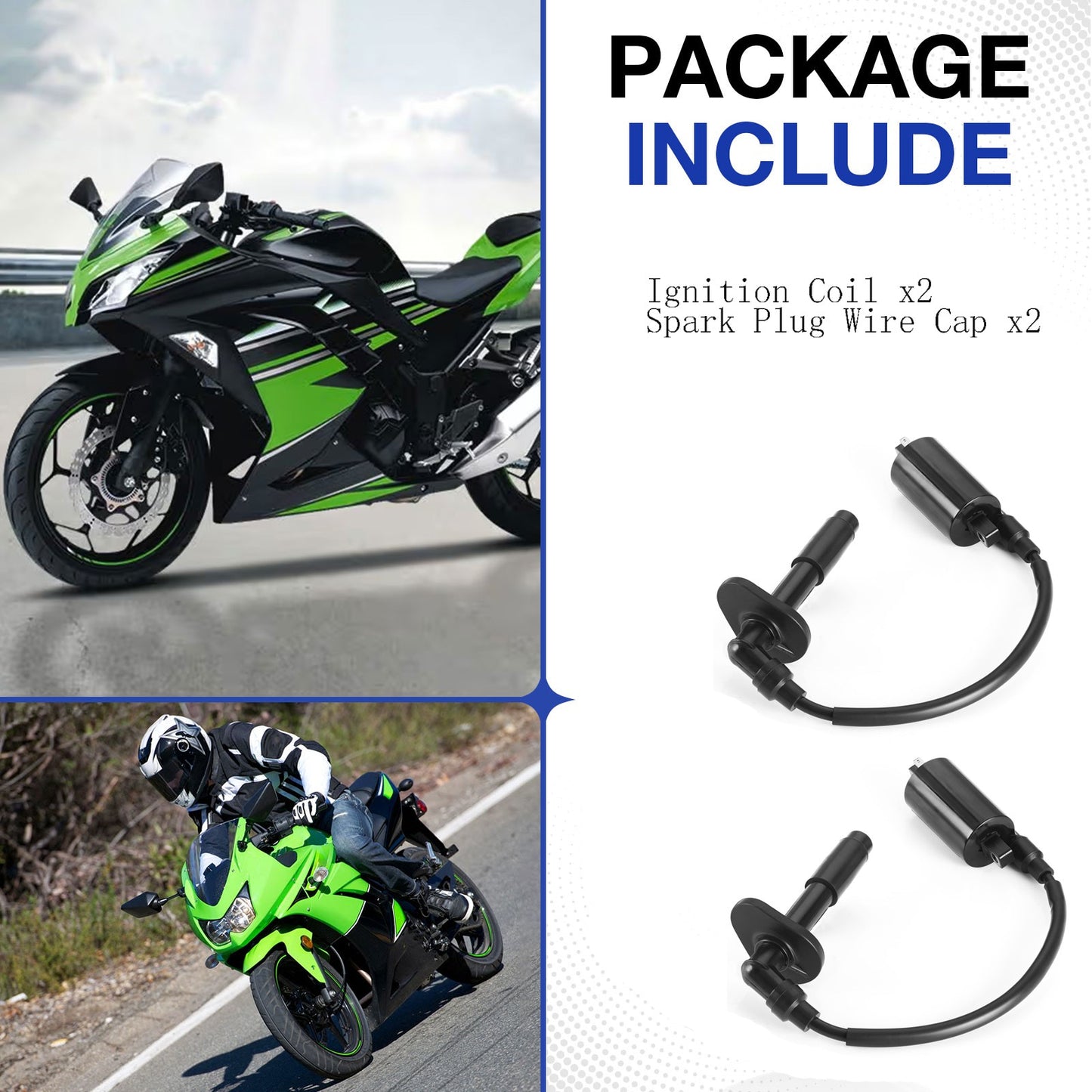2X Ignition Coil & Spark Plug Cap for Kawasaki Ninja 250R (1988–2007)