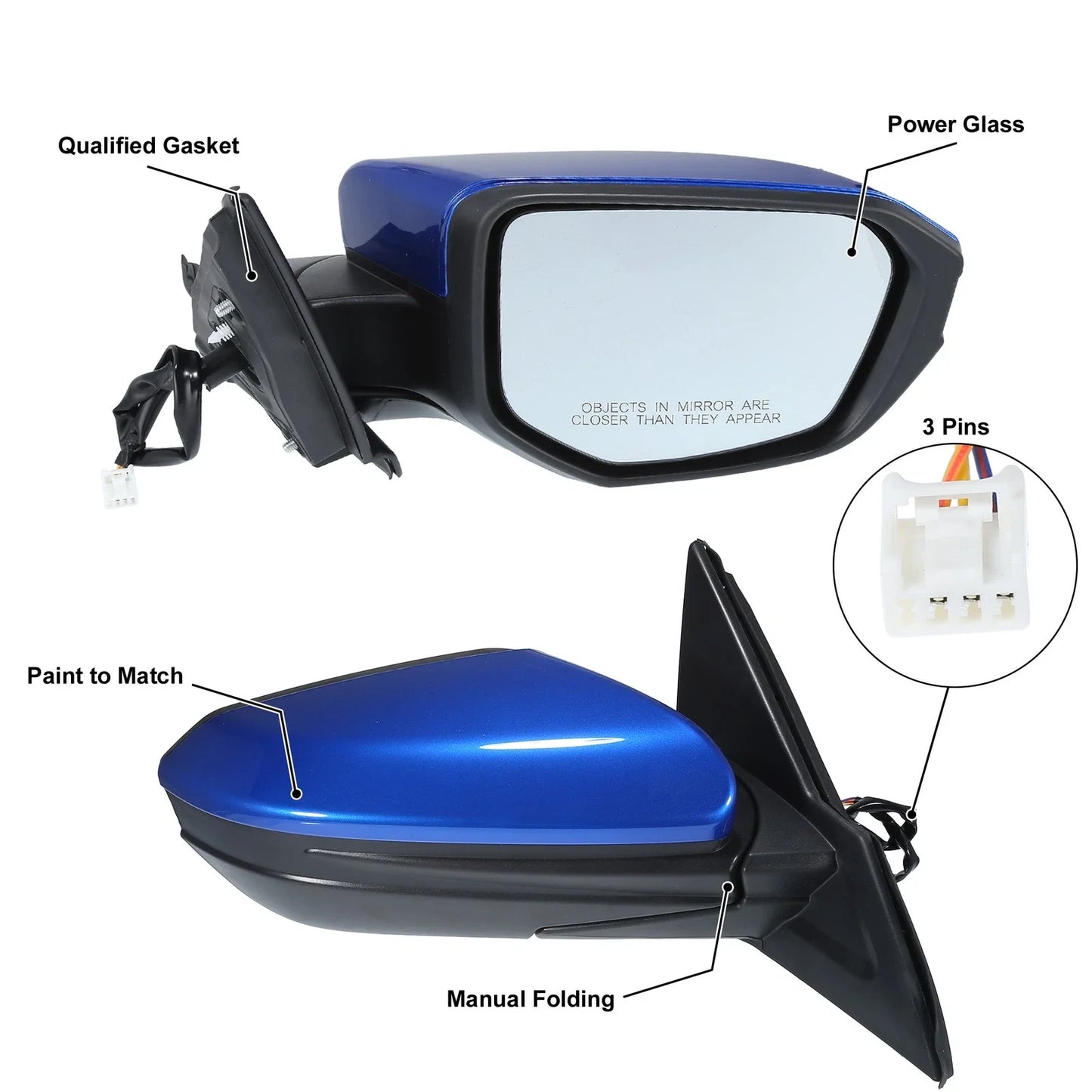 3 Pin Right Side Exterior Door Mirror Assembly Blue for Honda Civic (2016-2021)