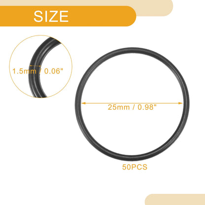 50pcs NBR Rubber O Ring Seal Gasket for Cars Trucks (25mm ID x 1.5mm CS)