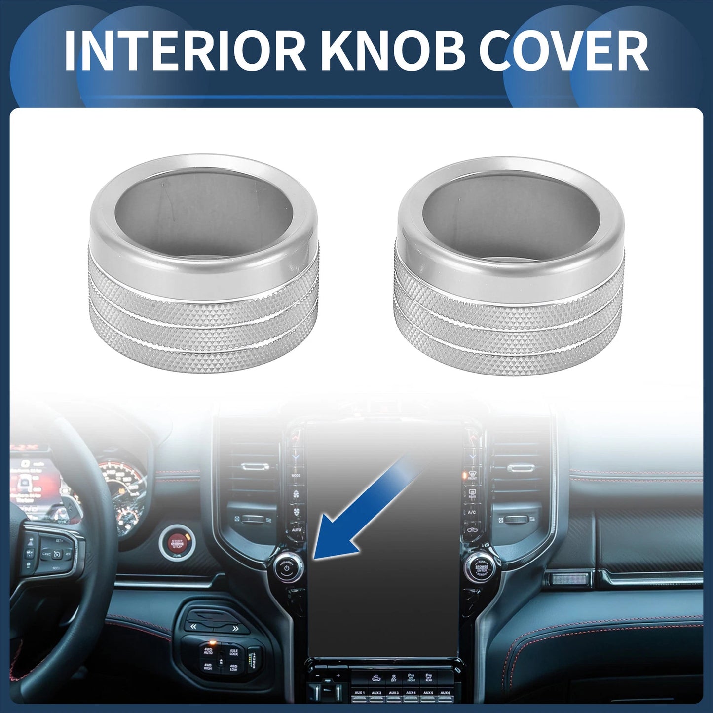 2X Center Console Audio Media Knob Cover for Dodge Ram (2019–2021) Silver Tone