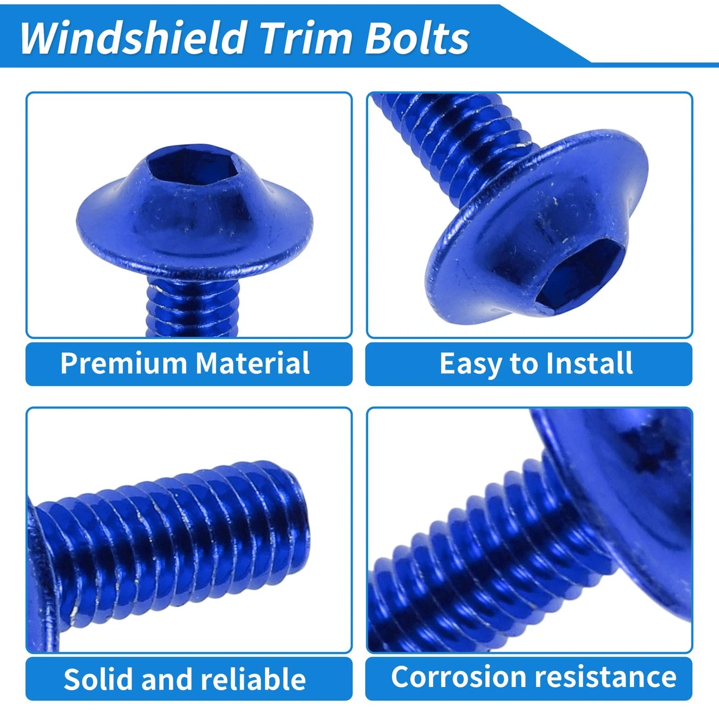 Windshield Bolts for Kawasaki Yamaha Suzuki (Stainless Steel, Rubber, Blue)