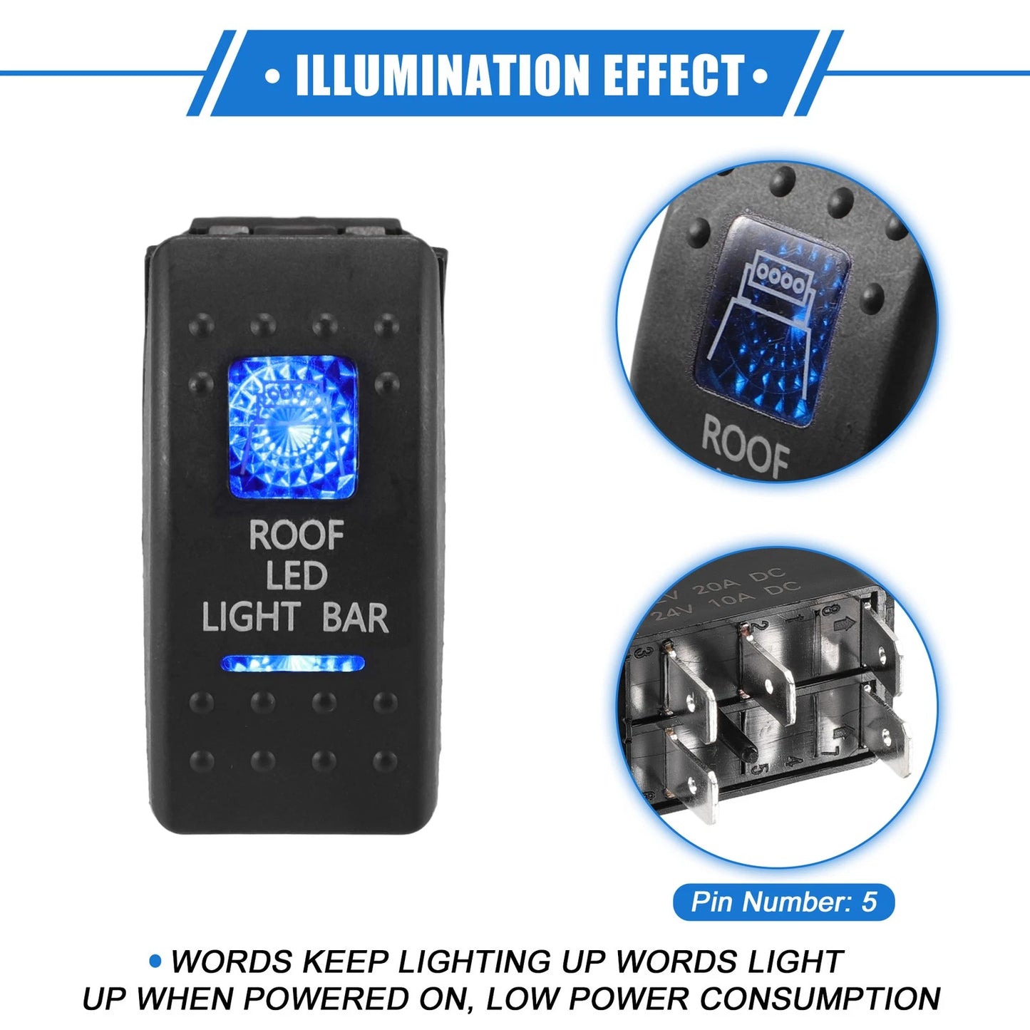 5 Pin LED Rocker Switch Kit for Car Interior Roof Light Bar (12V/24V)