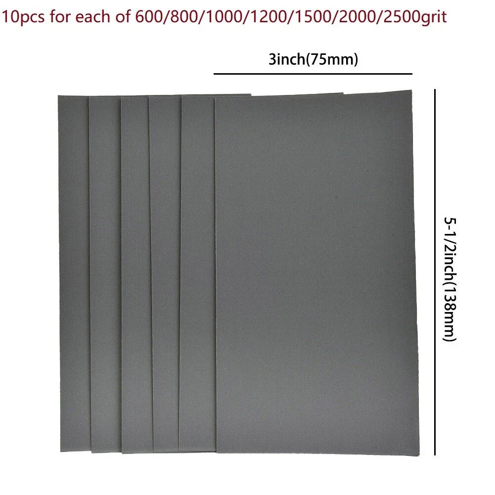 Sandpaper 70x Wet/Dry 3x5-1/2 600-2500 Grit for Auto Car Polisher Tool