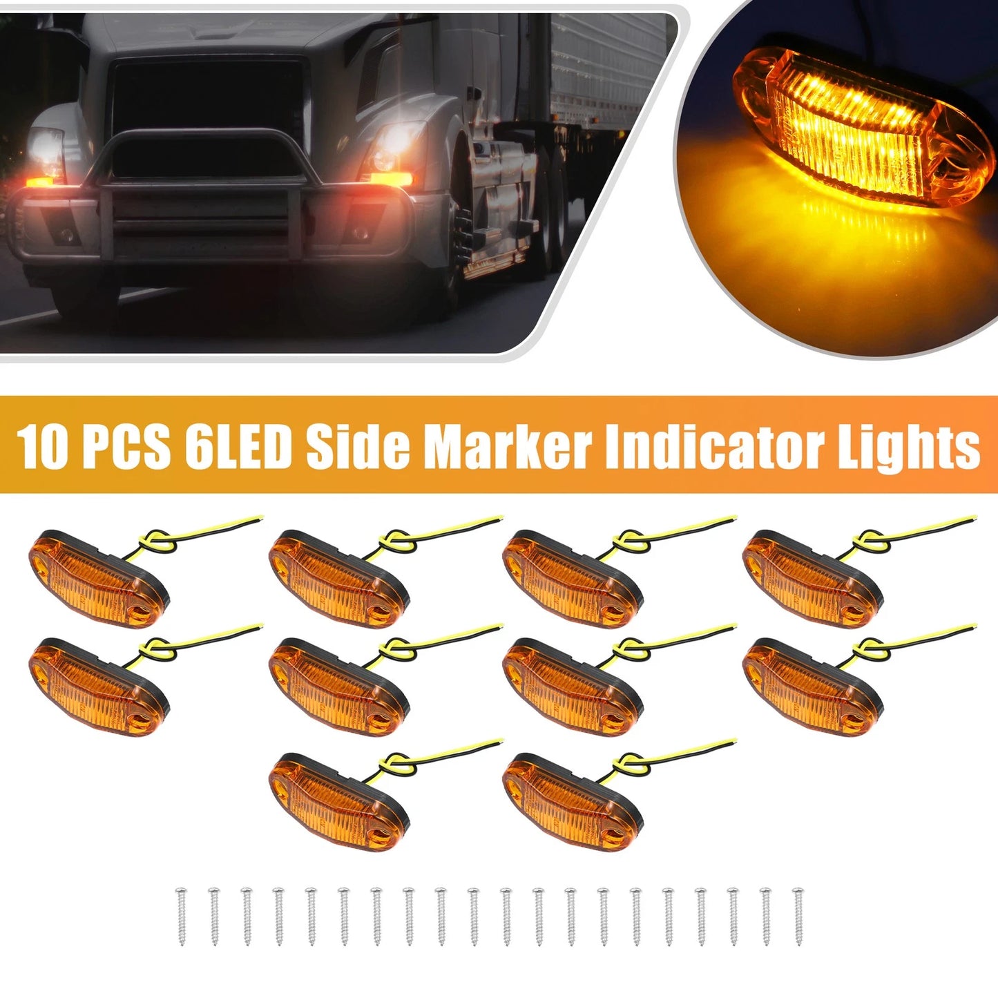 10pcs 6 LED Side Marker Lights for Trailer (12V-24V) Amber Oval