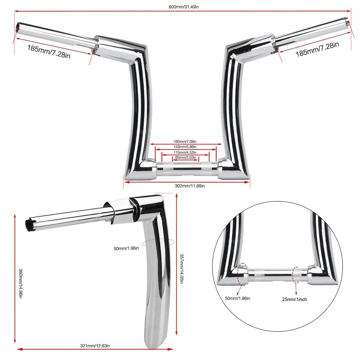 14" Chrome Rise 2" Ape Hanger Handlebar for Harley Sportster, Yamaha Vstar