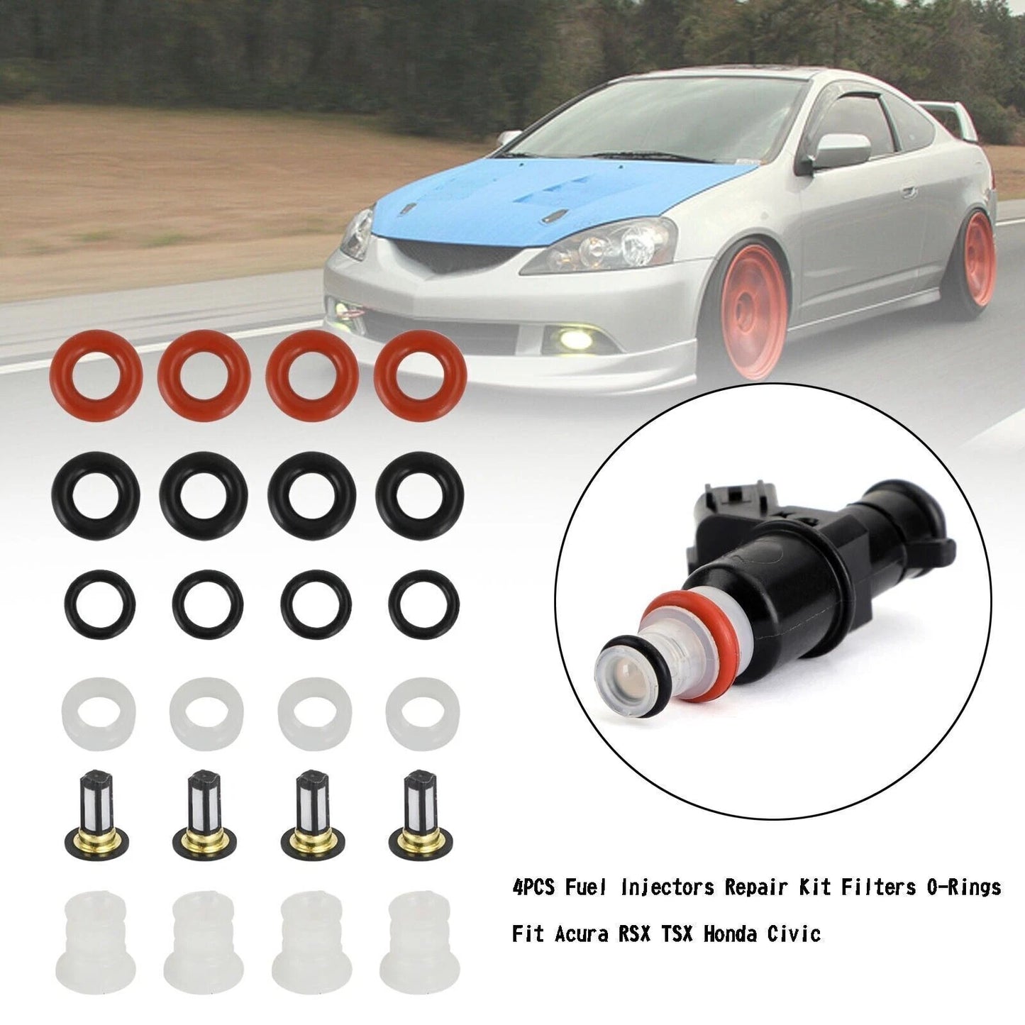 Set of 4 Fuel Injectors Repair Kit Filters O-Rings for Acura RSX TSX Honda Civic