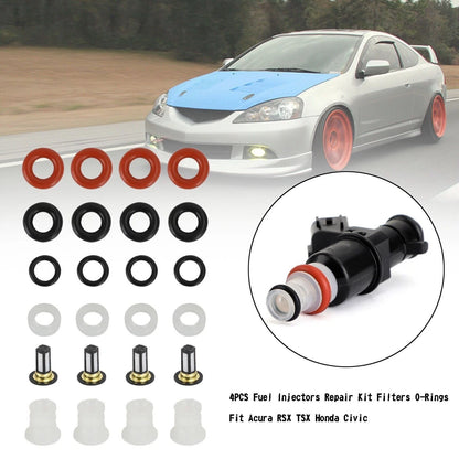 Set of 4 Fuel Injectors Repair Kit Filters O-Rings for Acura RSX TSX Honda Civic
