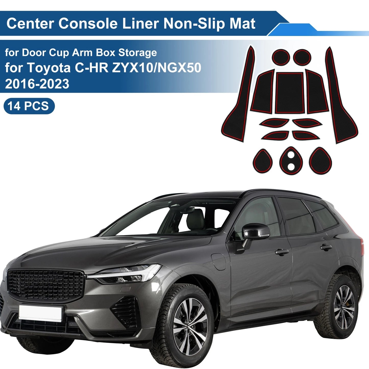 Set of 14 Non-Slip Mats for Toyota C-HR ZYX10/NGX50 (2016–2023) PVC Red