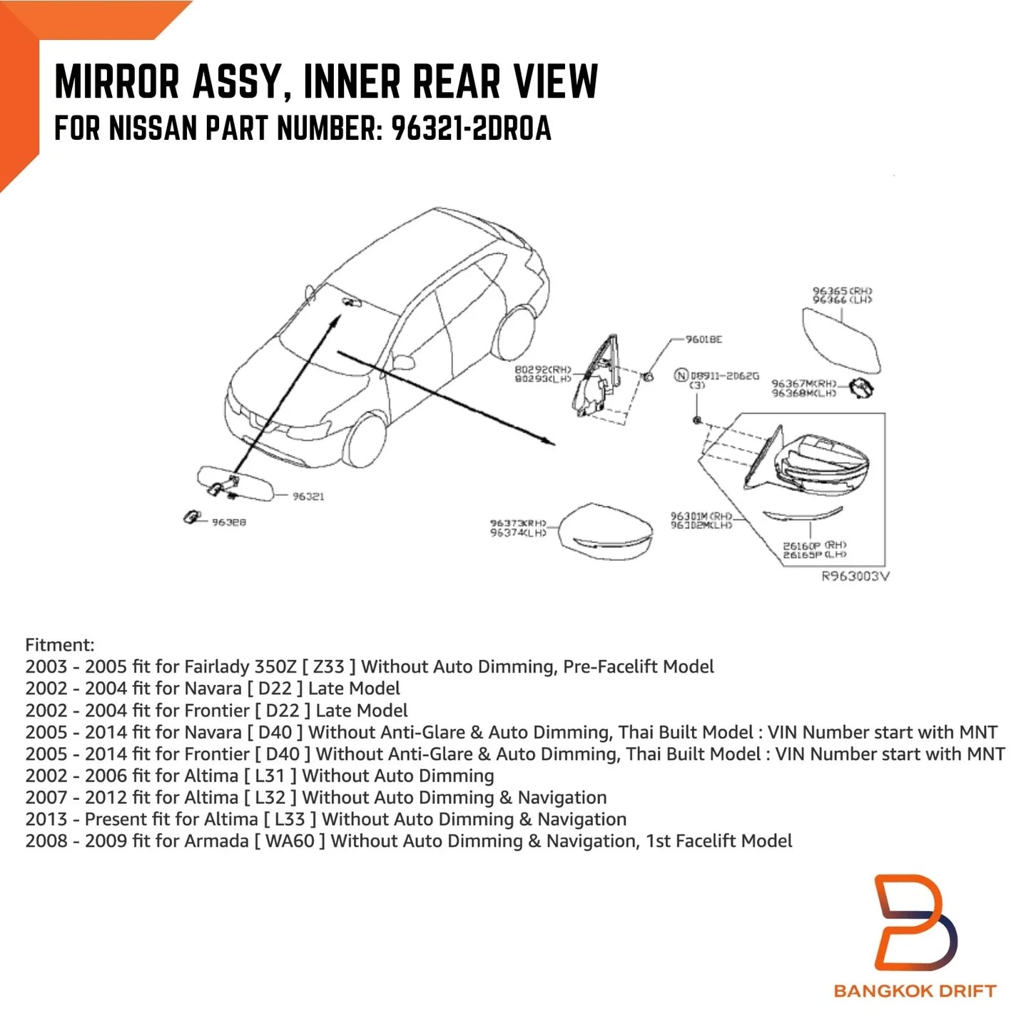 Black Interior Rear View Mirror for Nissan Navara D40 (2005-2015)