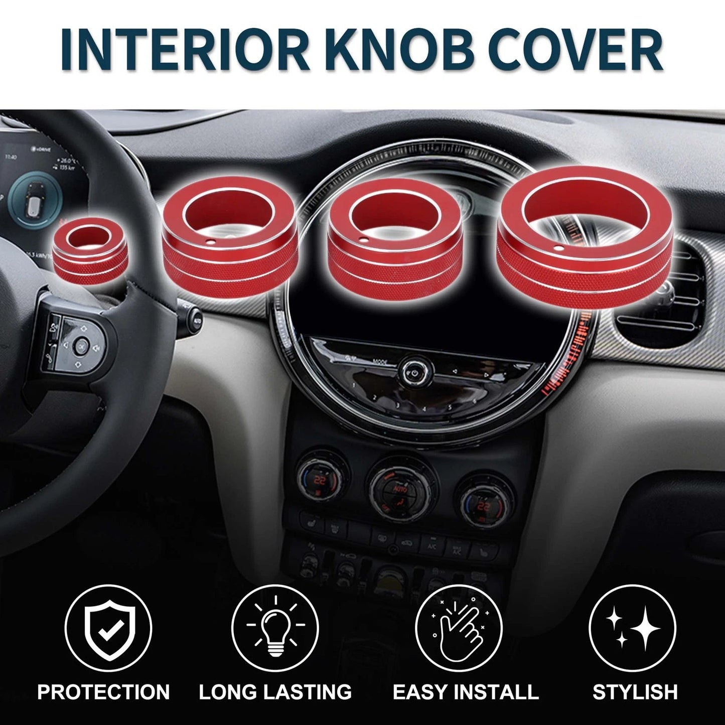 Set of 4 AC Media Volume Switch Knob Cover Rings for Mini Cooper (2014–2022) Red