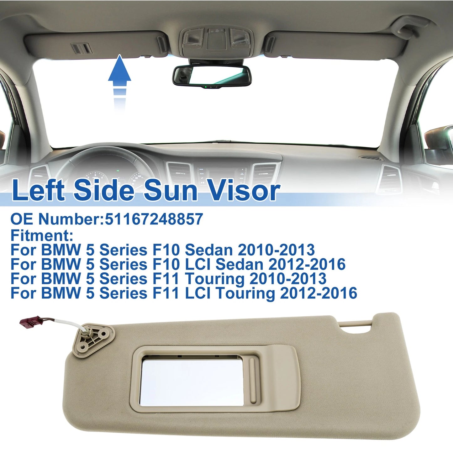 Left Side Sun Visor for BMW 5 Series F10 (2011–2017) No. 51167248857 Beige