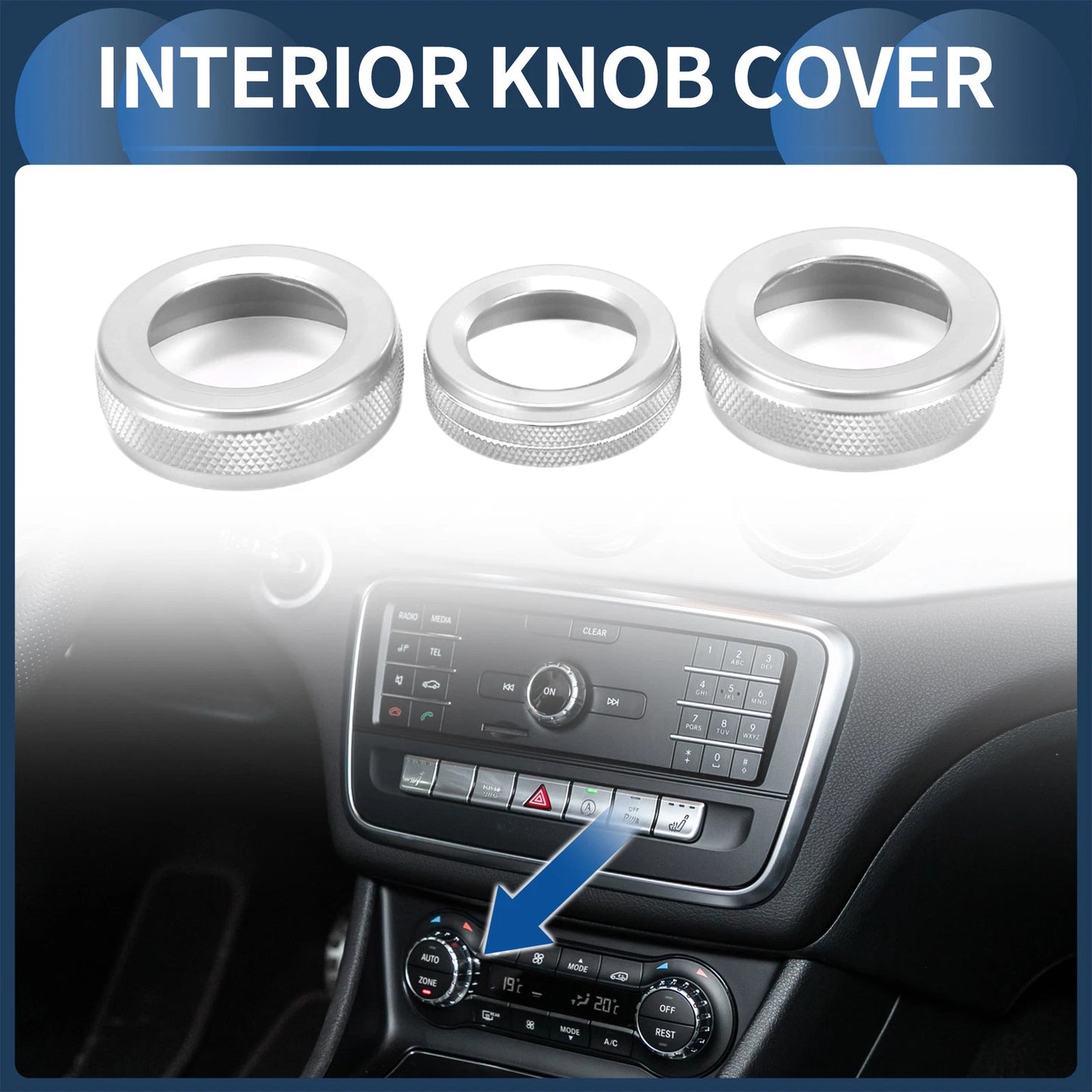 Set of 3 AC Media Knob Covers for Mercedes-Benz A B E GLK GLA CLA Class Silver Tone
