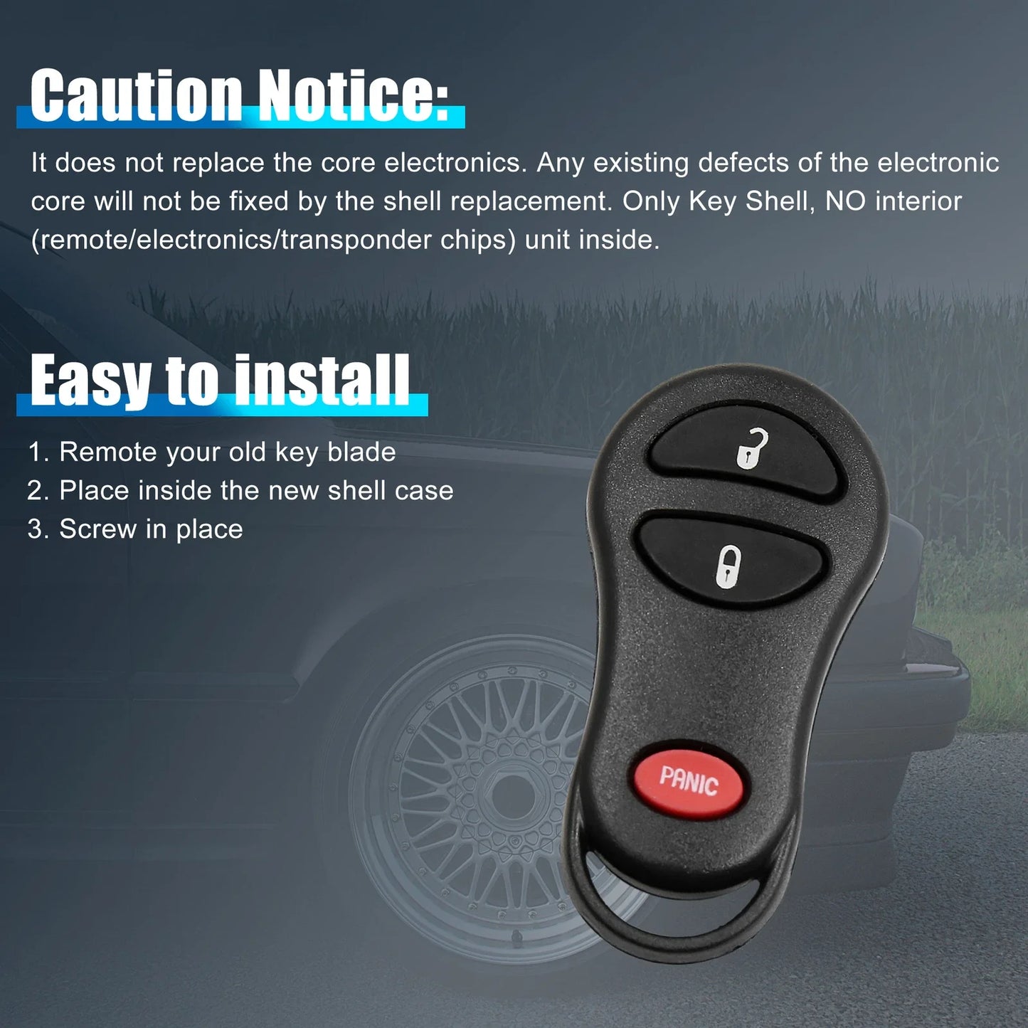 Dodge Key Fob Shell Case for 2001-2005 Durango, Charger, 3 Button Replacement