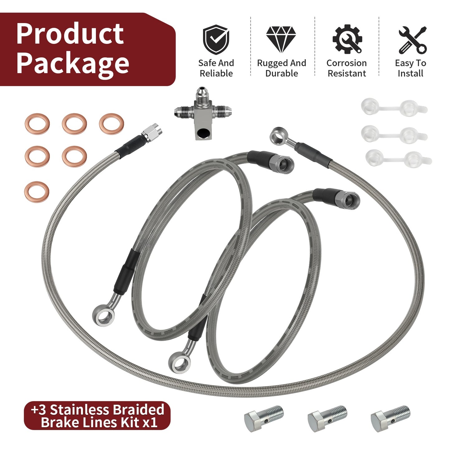 3 Stainless Steel Braided Front Brake Lines Kit for Kawasaki KFX400 (2003–2004)