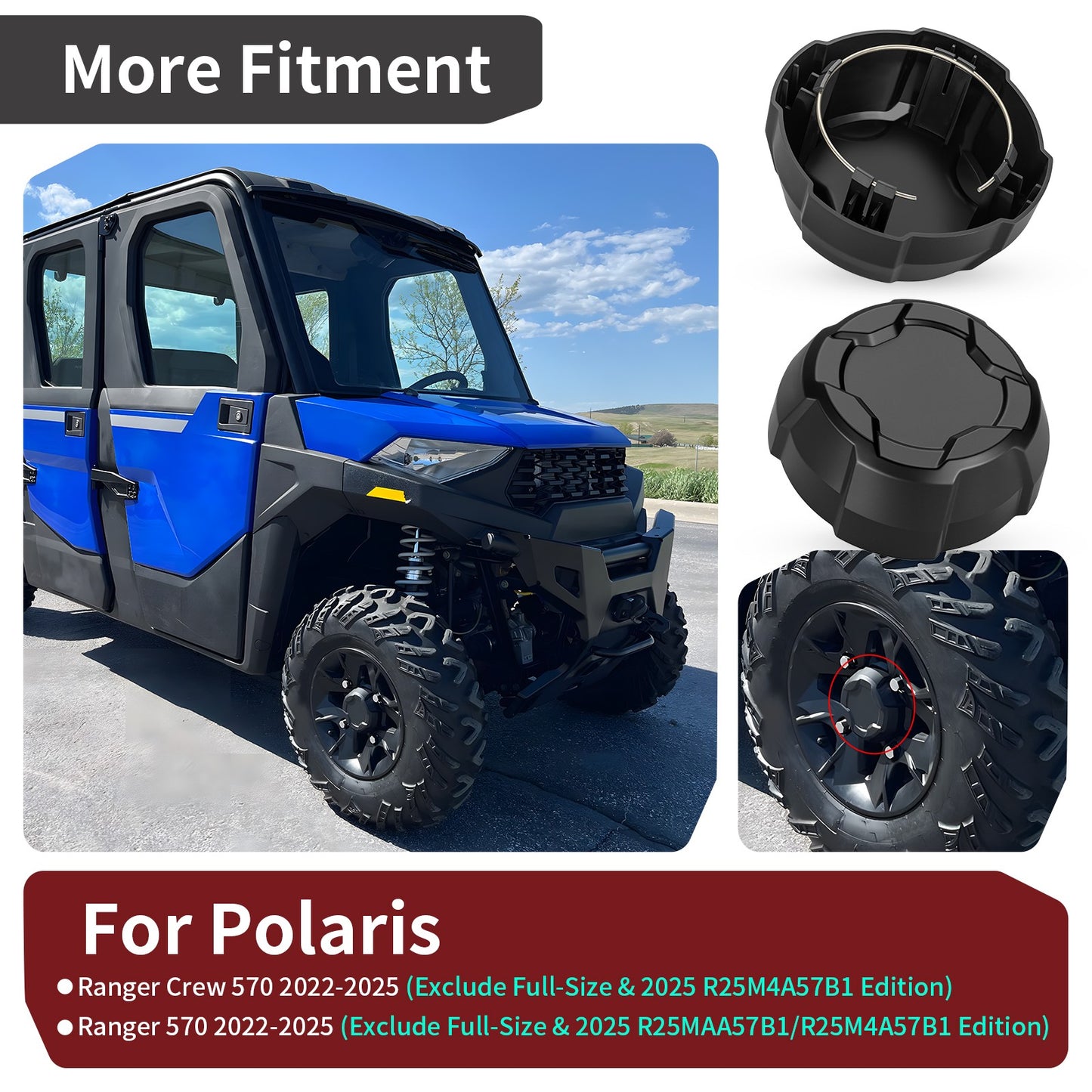 2X Rear Matte Black Rim Cap for Polaris Ranger Crew SP 570 (2022–2025)