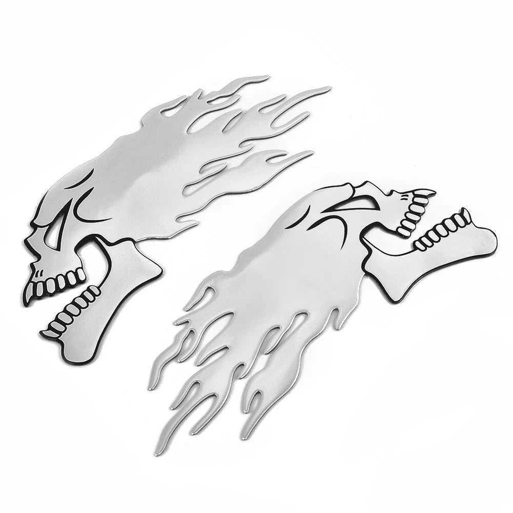 2 x Motorbike 3D Car Sticker Badge Body Decal Motorcycle Skull Silver for Motorbike