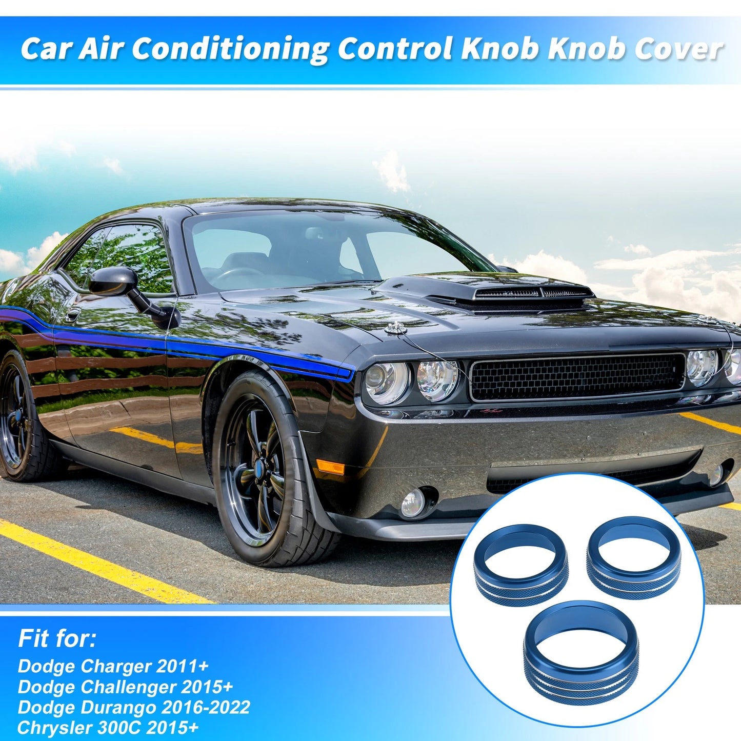 3 pcs Control Switch Knob Button Cover Trim Ring for Dodge Charger (2011–2023) Blue
