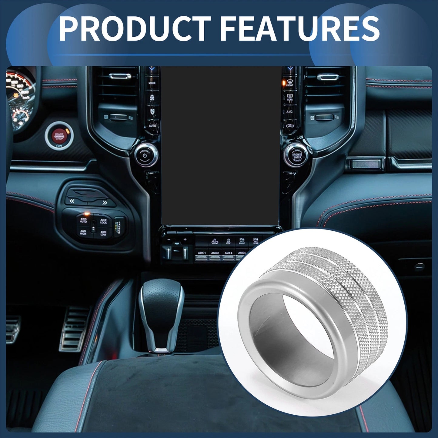 2X Center Console Audio Media Knob Cover for Dodge Ram (2019–2021) Silver Tone