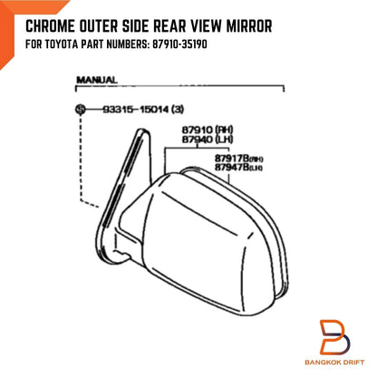RH Chrome Door Wing Mirror for Toyota Hilux Ute LN106 LN85 RN105 Surf (1988-1997)