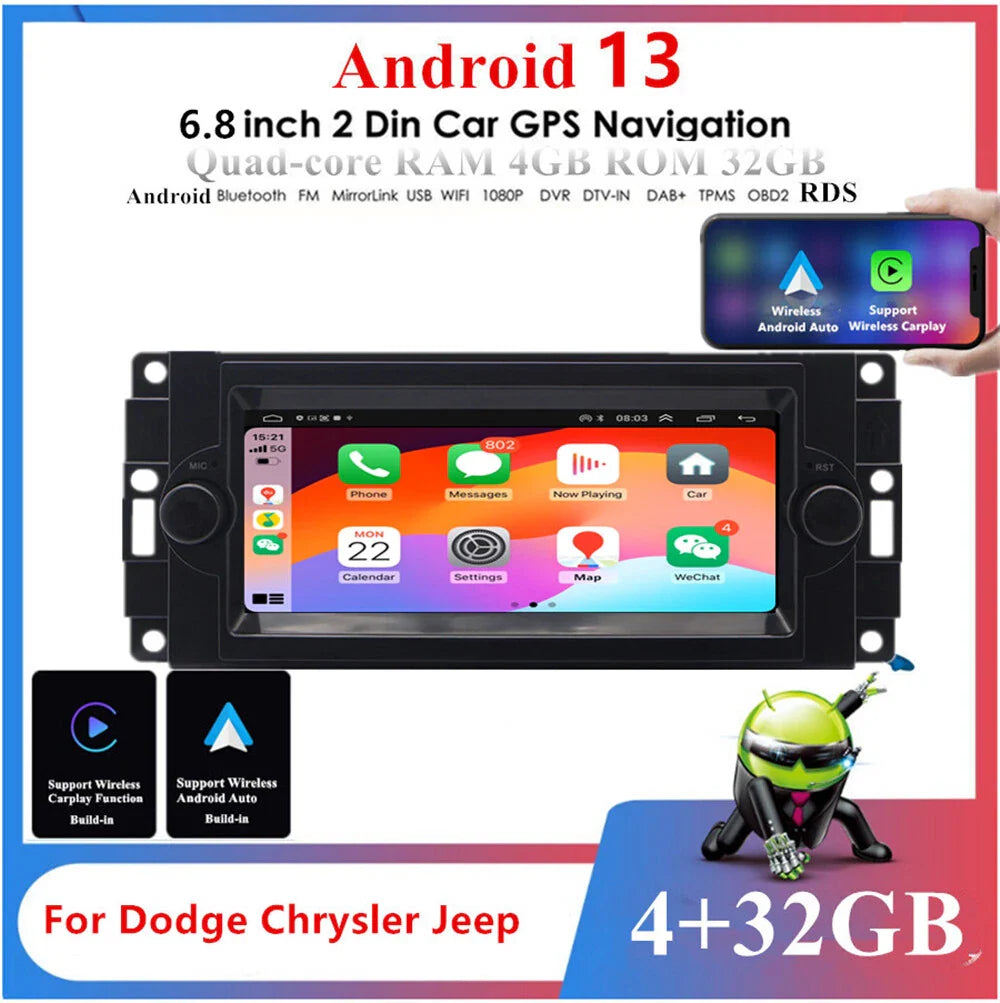 6.8" Android 13 Stereo Radio GPS Navi OBD RDS for Jeep Ram Dodge Chrysler