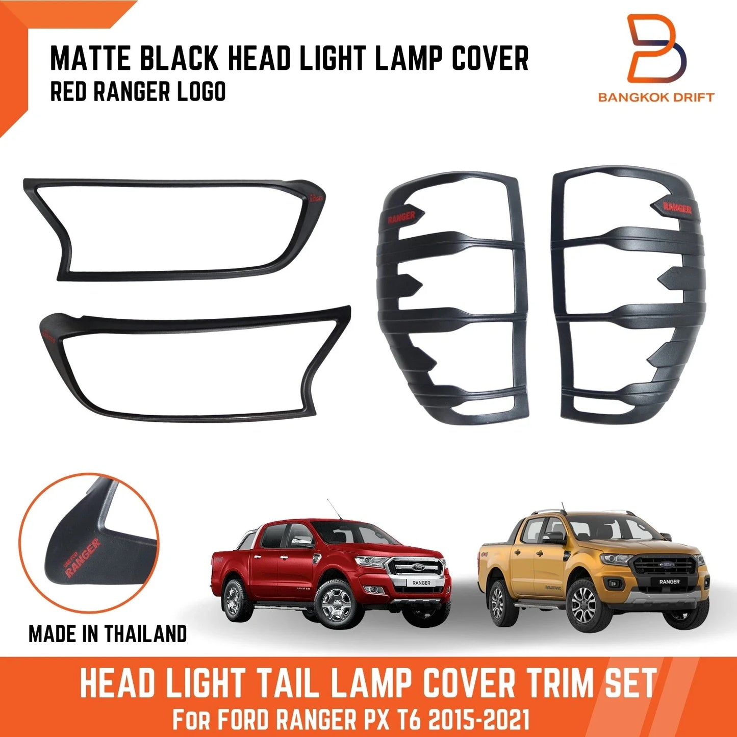 Matte Black Headlight Taillight Covers Trim for Ford Ranger T6 (2015-2021)