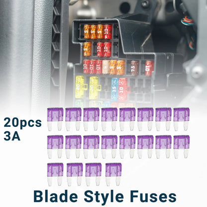 Set of 20 Mini Blade Style Fuses 3A for Universal Use (Car)