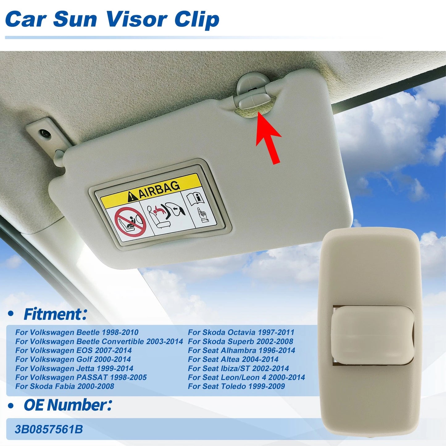Sun Visor Clip for Volkswagen Beetle, EOS (1998–2010) 3B0857561B