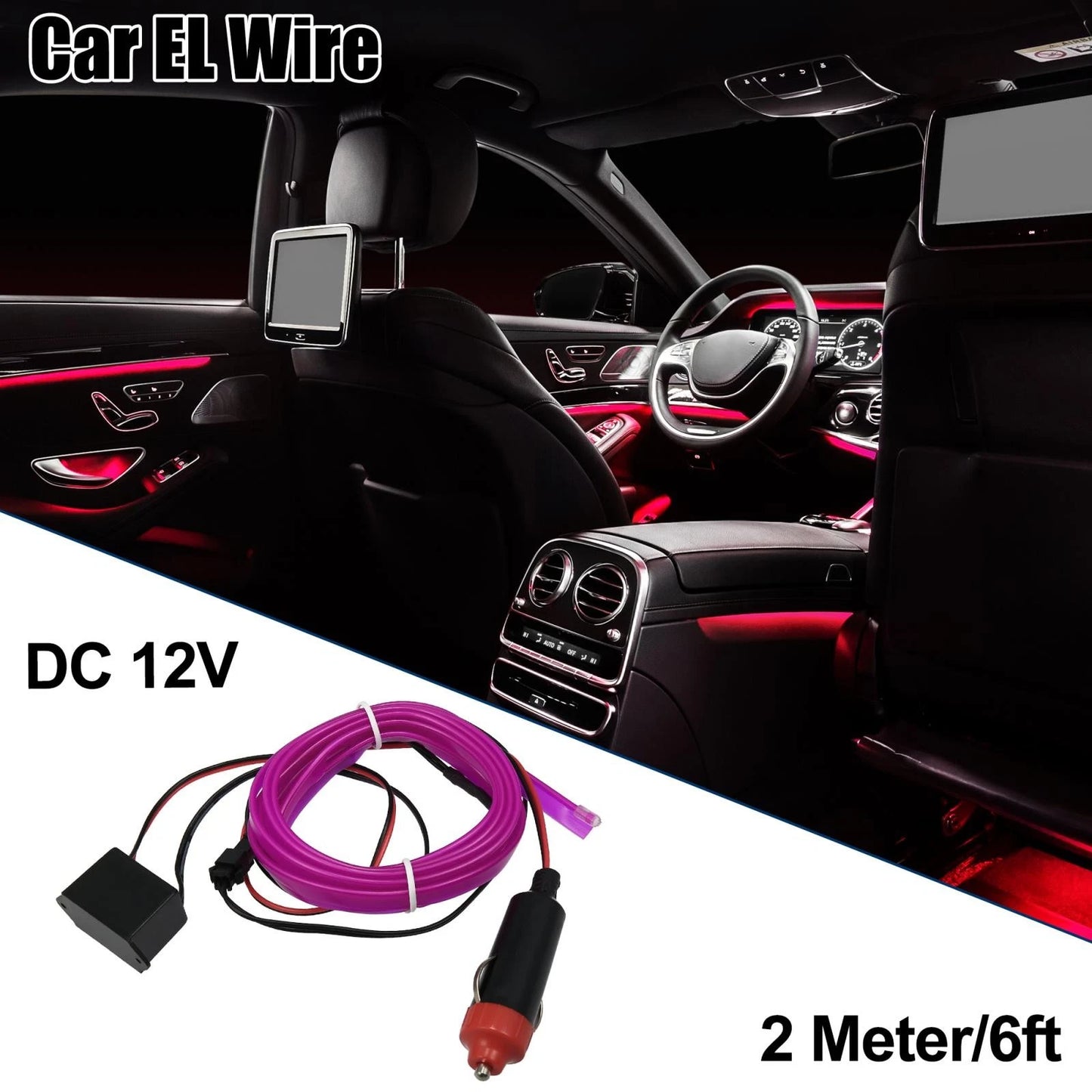 2M Neon EL Wire String Strip Tube Purple Light for Car Interior