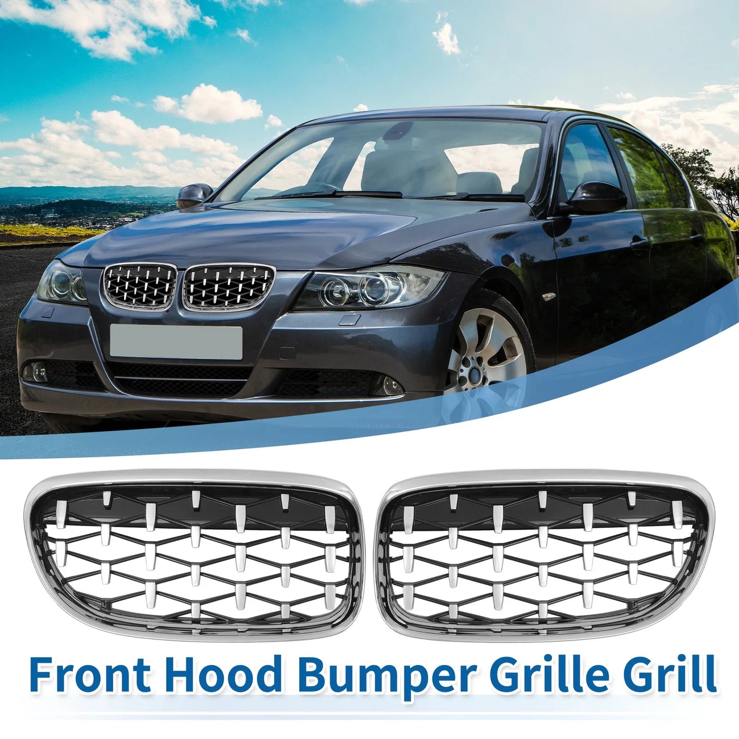 Front Hood Bumper Grille for BMW 335d 328i 335i E90 Silver Tone Pair