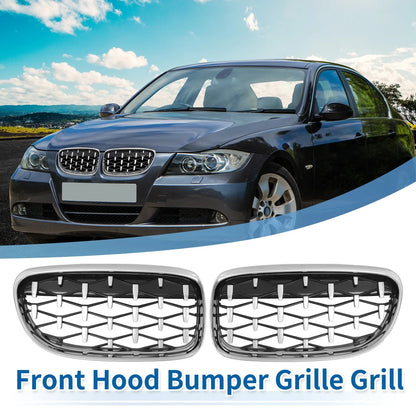 Front Hood Bumper Grille for BMW 335d 328i 335i E90 Silver Tone Pair