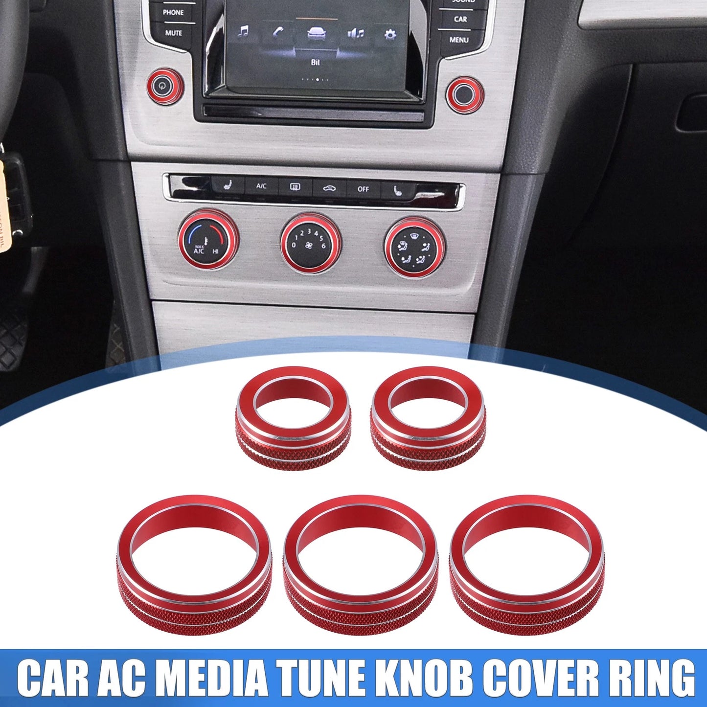 Set of 5 Front AC Media Tune Knob Cover Rings for VW Golf MK7 (2016–2020) Red